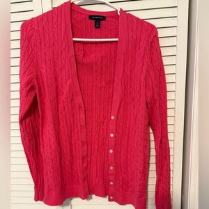 Land’s End Pink Cable Knit Cardigan Sweater EUC